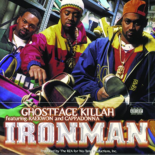 Ghostface Killah, Raekwon, and Cappadonna posing in colorful jackets with the Ironman album title.