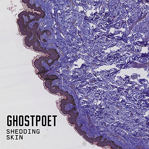 Abstract purple and blue microscopic image with "Ghostpoet Shedding Skin" text.