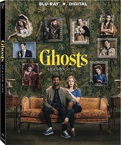 Ghosts" Season 1 Blu-ray cover with a couple and portraits of historical figures.