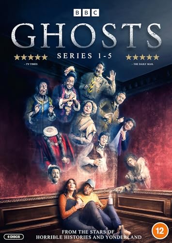DVD cover for BBC comedy series “Ghosts” featuring ghostly figures.