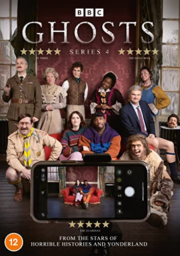 Ghosts" Series 4 DVD cover featuring the show’s ensemble cast and a phone screen.