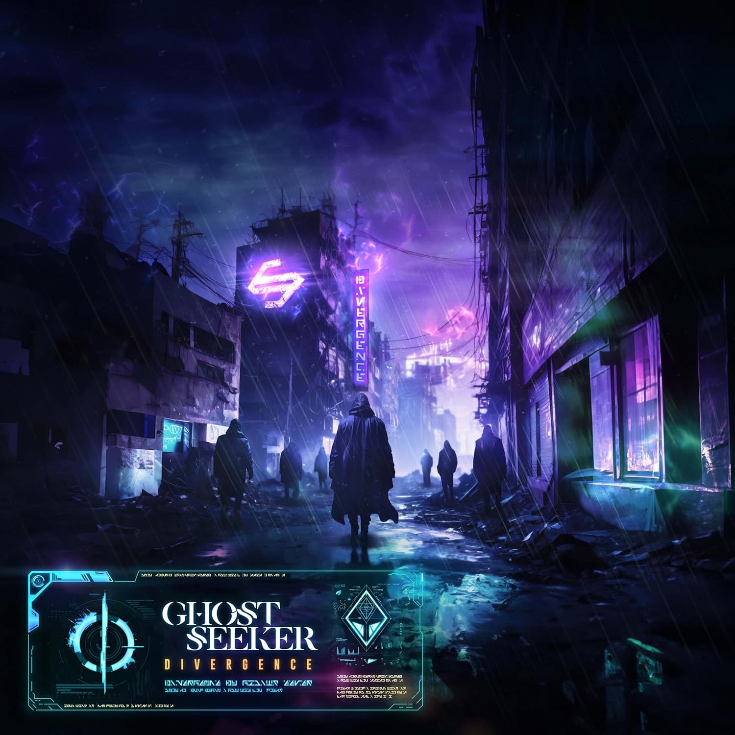 CD cover: futuristic cityscape with a lone figure walking in rain.