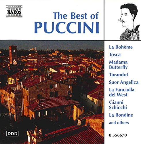 CD cover featuring an Italian townscape, a sketch of Puccini, and a list of operas.