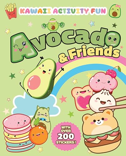 Colorful cover of an activity book featuring cute, smiling avocado and food characters.