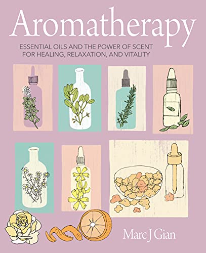 Book cover with illustrations of essential oil bottles and botanicals.