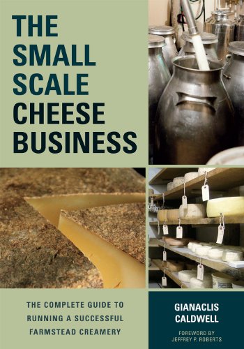 Book cover featuring cheese-making equipment, wheels, and a wedge of cheese.