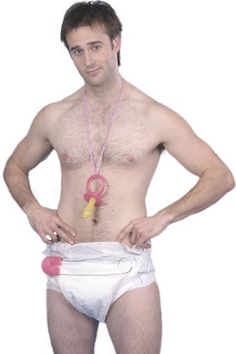 Man wearing a diaper and pacifier necklace, posing playfully.