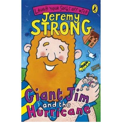 Book cover: cartoon of a giant man with small people and a hurricane.