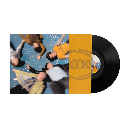 Vinyl record with album cover depicting blurred figures and yellow background.
