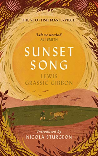 Book cover: "Sunset Song" with a large golden sun and a rural scene.