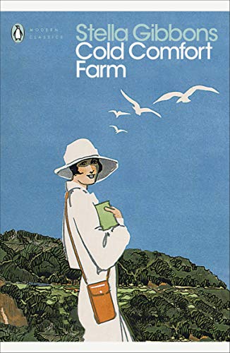 Book cover: "Cold Comfort Farm" with a woman and birds against hills.
