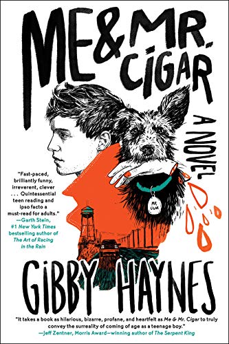 Book cover: a man and a dog with a city skyline background.