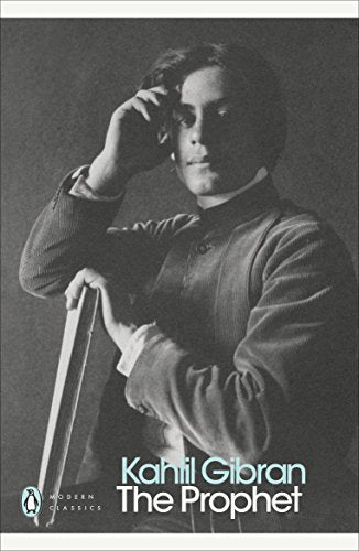 Black and white book cover with portrait of Kahlil Gibran and title "The Prophet".
