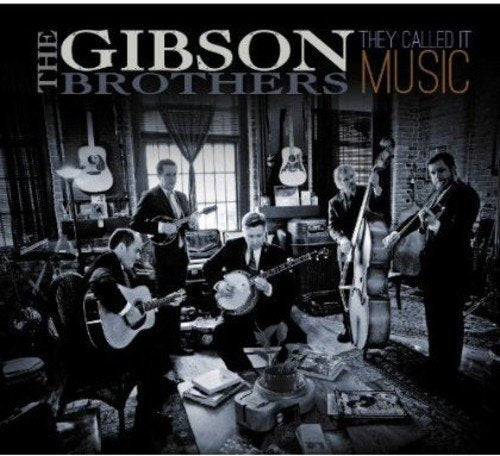 "Album cover with black-and-white image of men playing instruments in a cluttered room."