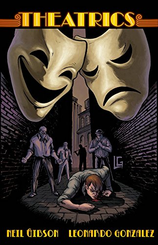Book cover: comedy and tragedy masks over a street scene with figures.