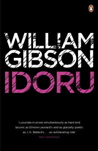 Book cover for Idoru by William Gibson with white and pink text on black.