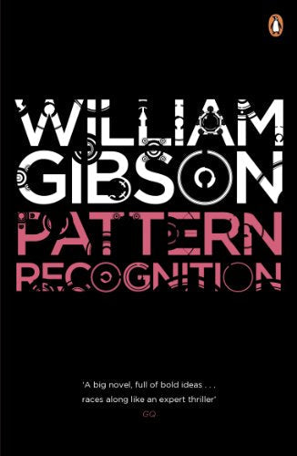 Book cover of Pattern Recognition by William Gibson with white and pink stylized text.