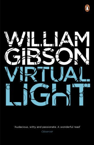 Book cover for "Virtual Light" by William Gibson, abstract blue typography.