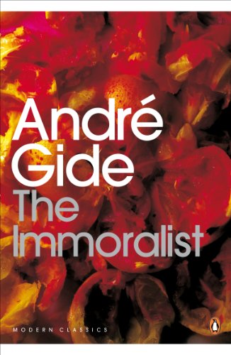 Book cover for "The Immoralist" by André Gide, with red floral imagery.