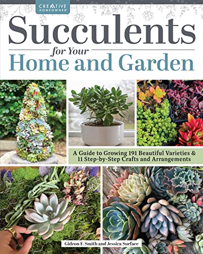 Book cover featuring diverse succulent plants and arrangements, titled "Succulents for Your Home and Garden".