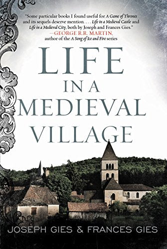 Book cover for Life in a Medieval Village featuring a rural stone church building.