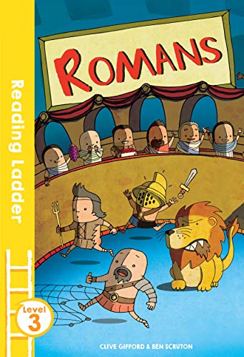 Book cover depicting cartoon Romans, a lion, and a gladiator arena.