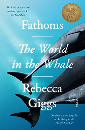 Book cover featuring two whales swimming in blue water with the title Fathoms.