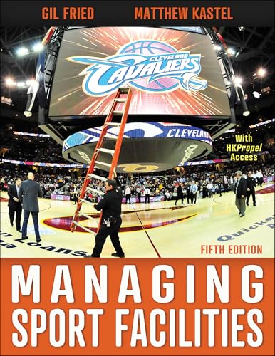 Book cover for "Managing Sport Facilities" with a basketball arena scene.