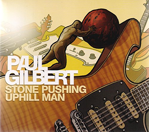 CD cover: man struggling with a large stone, guitars in background.
