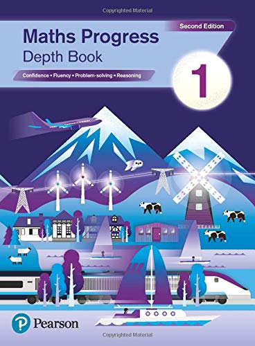 Textbook cover with mountains, windmills, and a train; "Maths Progress Depth Book 1".