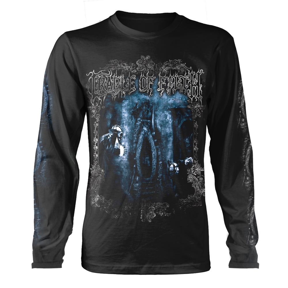 Black long-sleeve shirt with ornate, gothic imagery and band logo.