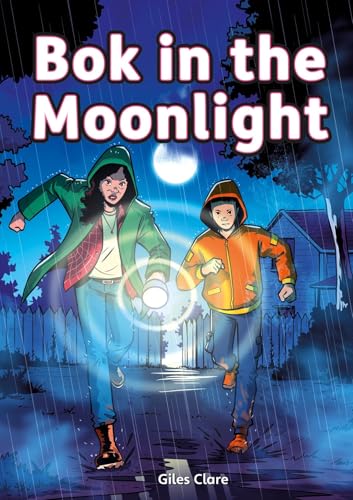 Two children with flashlights run down a rainy street at night.