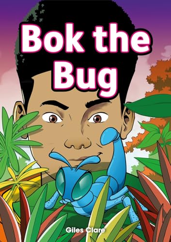 Book cover: boy with a large blue scorpion on green leaves.