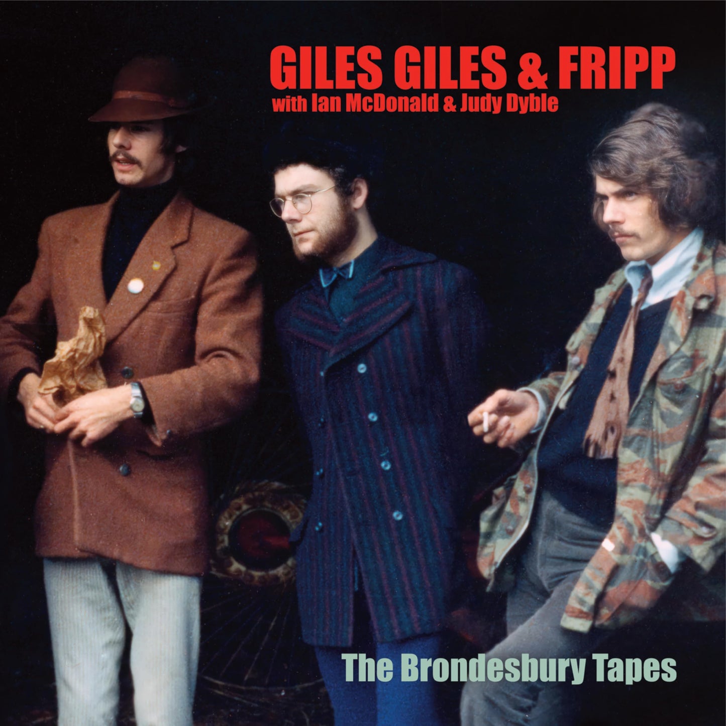 Album cover for Giles, Giles & Fripp’s “The Brondesbury Tapes” featuring three men.