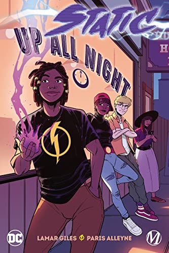 Comic book cover: young people with superpowers in a town setting.