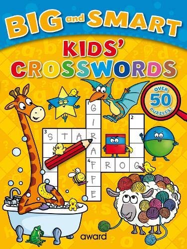 Kids' crossword puzzle book cover with animals and colorful illustrations.