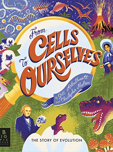 Book cover depicting evolution’s history with cells, dinosaurs, and people.