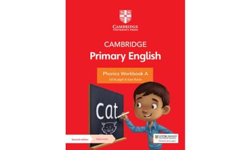 Red workbook cover with a boy pointing to the word "Cat" on a chalkboard.