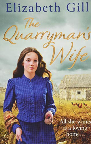 Book cover: woman in blue dress, rural landscape, title “The Quarryman’s Wife.”