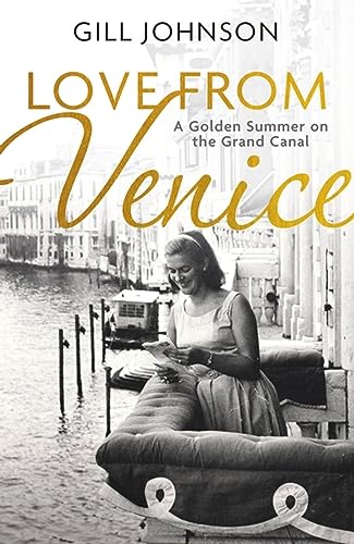 Black and white book cover showing a woman reading on a Venice canal balcony.