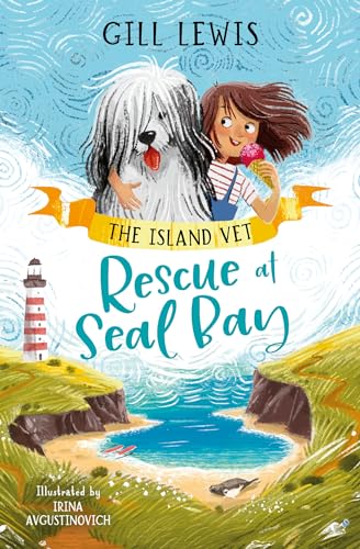 Book cover: girl with dog, seaside landscape, and lighthouse illustration.