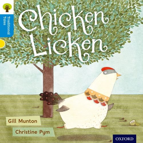 Book cover: Chicken Licken under a tree with illustrated hen and fox.