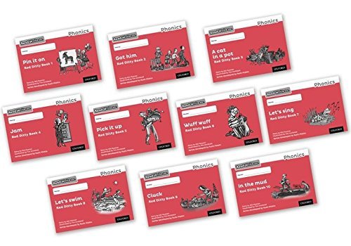 Ten small red and black phonics books with illustrated covers.