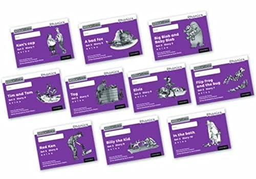 Ten purple Read Write Inc. phonics storybooks with illustrated covers.