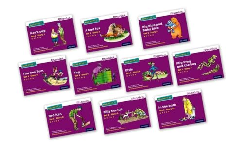 Ten purple-covered children’s storybooks with illustrated covers, laid flat.