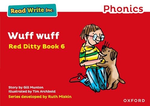 Red book cover with a boy hugging a brown dog, “Wuff Wuff” title.