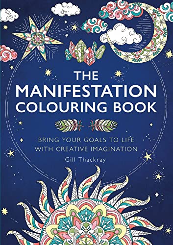 Cover of "The Manifestation Colouring Book" with celestial and floral designs.
