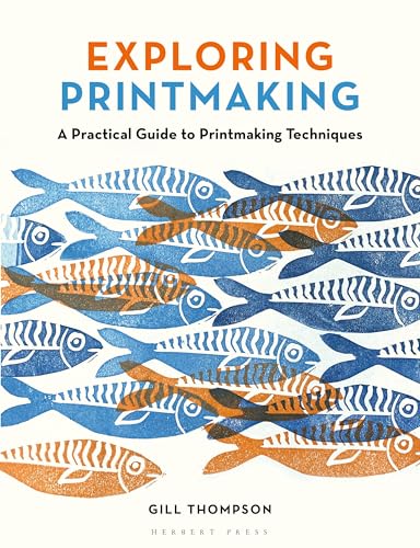 Book cover titled Exploring Printmaking featuring a pattern of blue and orange fish prints.
