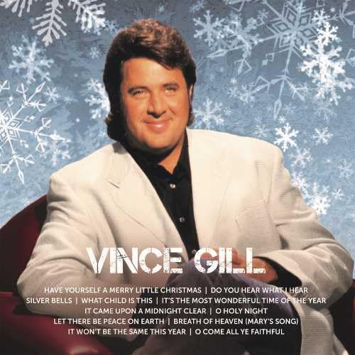 Vince Gill album cover, portrait of a man in a light suit, snowflakes.
