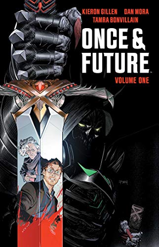 Comic book cover featuring a sword, armored hand, and character portraits.